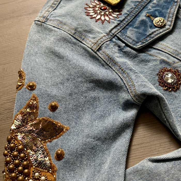Denim Jacket Handmade with Beaded Applique and Gold Trim | Unique | Missey & Daff