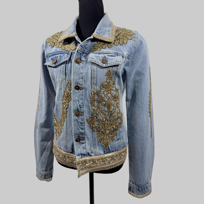 Hand Beaded Gold Lace Appliqué Denim Jacket