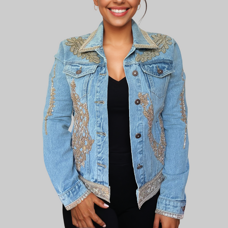 Hand Beaded Gold Lace Appliqué Denim Jacket