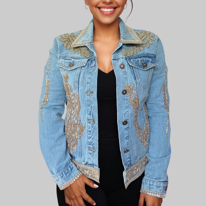 Hand Beaded Gold Lace Appliqué Denim Jacket