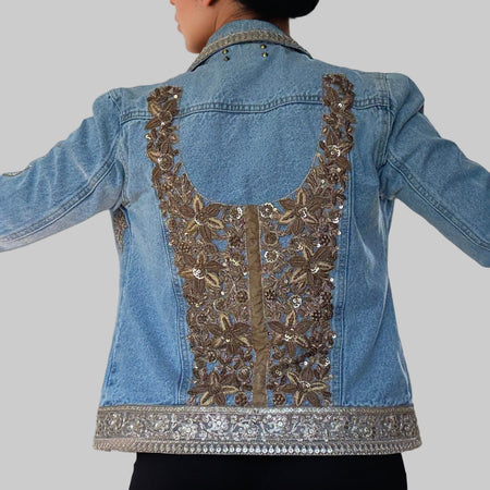 Hand Beaded Gold Lace Appliqué Denim Jacket