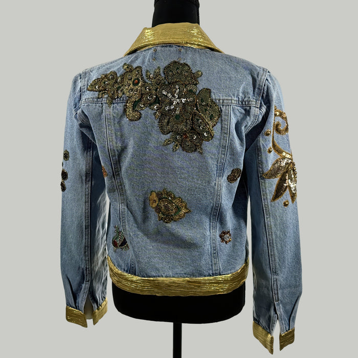 back view of handcrafted embellished denim jacket with sequins & beadwork