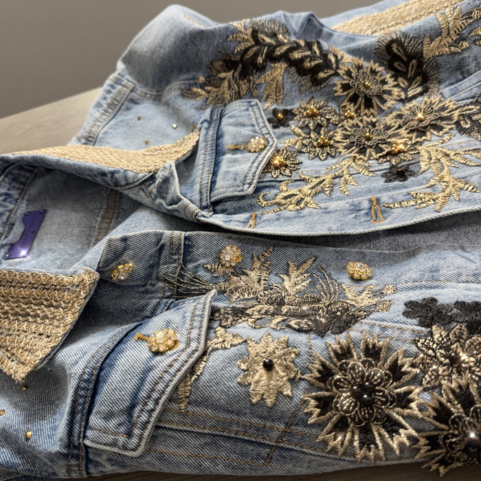Black & Gold Floral Embellished Denim Jacket – Handcrafted Beaded Statement Piece | Missey & Daff