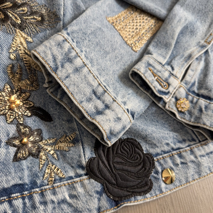 Black & Gold Floral Embellished Denim Jacket – Handcrafted Beaded Statement Piece | Missey & Daff