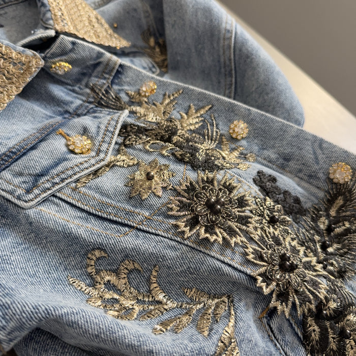 Black & Gold Floral Embellished Denim Jacket – Handcrafted Beaded Statement Piece | Missey & Daff