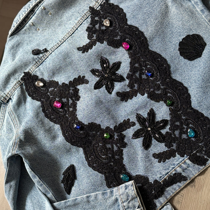 Blue Denim Jacket with Black Lace Appliqué & Sequin Embellishments – Handcrafted Statement | Missey & Daff