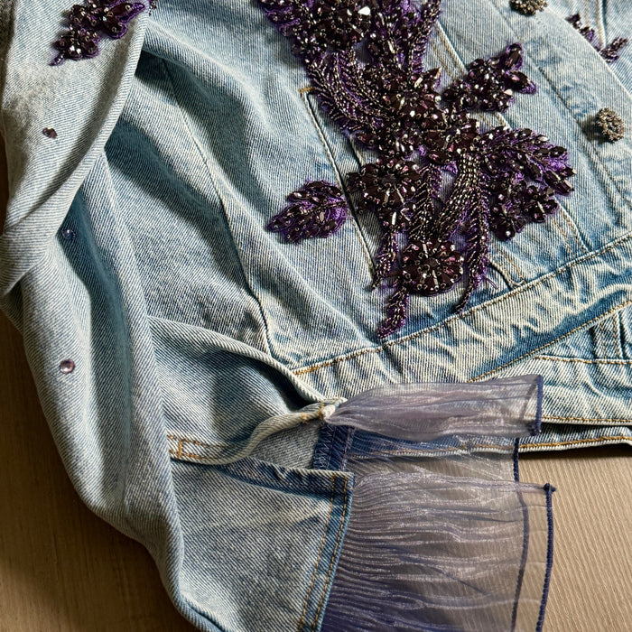Purple Embellished Denim Jacket – Handcrafted Beaded Floral Appliqué with Satin Back Panel | Missey & Daff