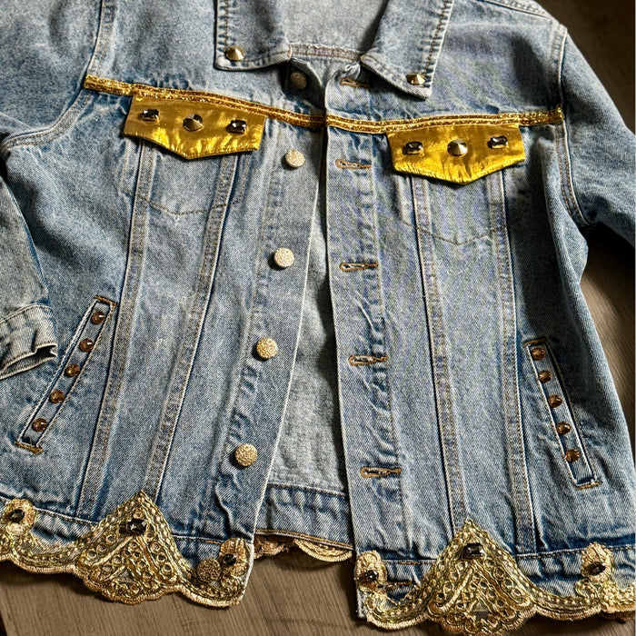 Blue Denim Jacket with Gold Appliqué & Embellished Back – Handcrafted Luxe Statement | Missey & Daff