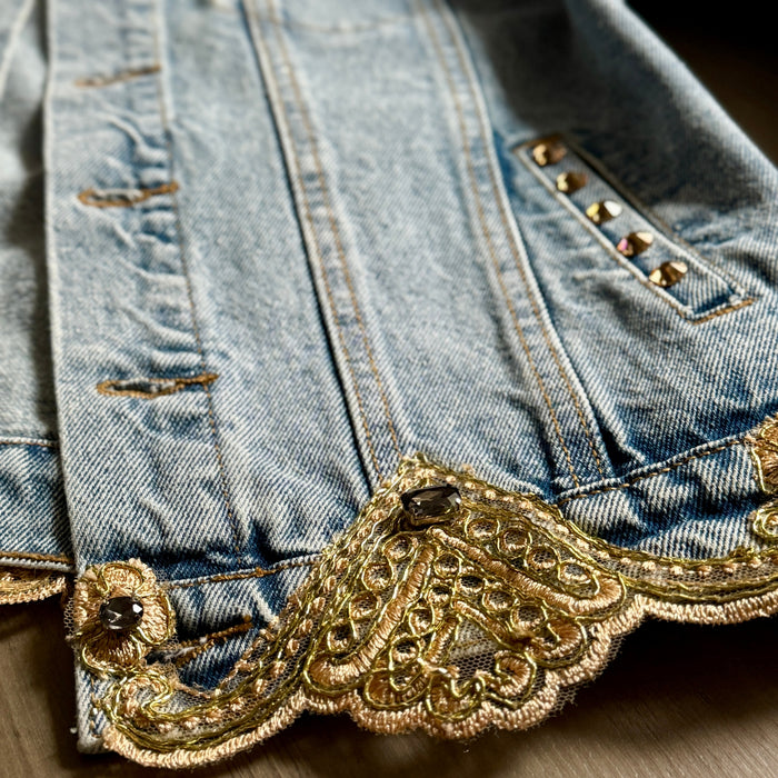 Blue Denim Jacket with Gold Appliqué & Embellished Back – Handcrafted Luxe Statement | Missey & Daff