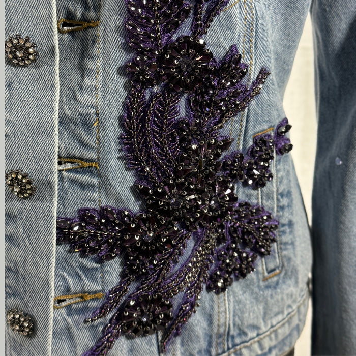 Purple Embellished Denim Jacket – Handcrafted Beaded Floral Appliqué with Satin Back Panel | Missey & Daff
