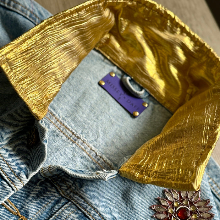 Blue Denim Jacket with Gold Trim & Embellished Floral Appliqué – Handcrafted Luxe Statement | Missey & Daff