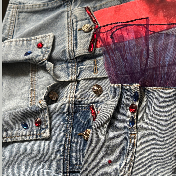 Red & Blue Satin Panel Embellished Denim Jacket – Handcrafted Statement with Sheer Ruffle Sleeves | Missey & Daff