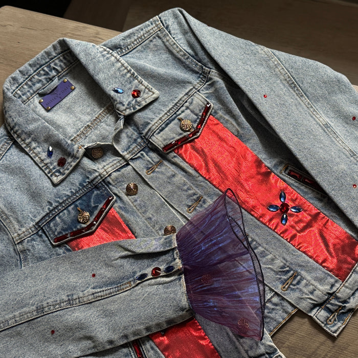 Red & Blue Satin Panel Embellished Denim Jacket – Handcrafted Statement with Sheer Ruffle Sleeves | Missey & Daff