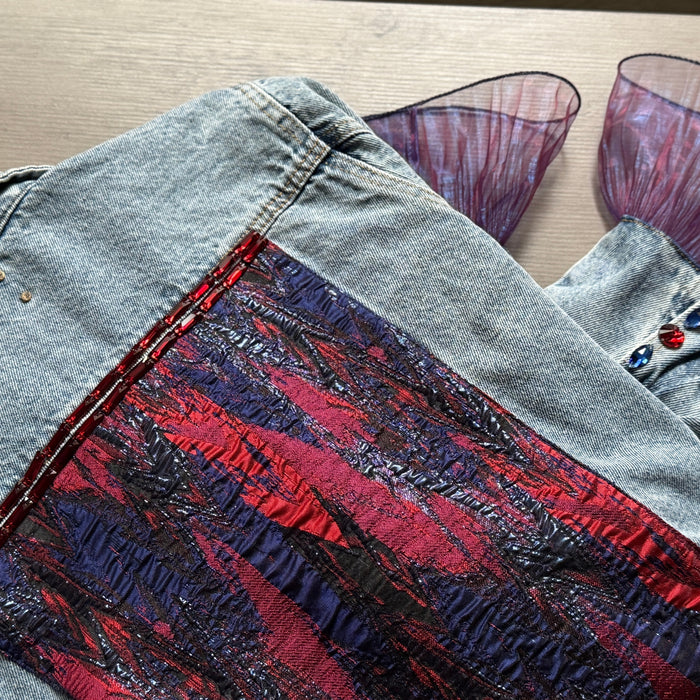 Red & Blue Satin Panel Embellished Denim Jacket – Handcrafted Statement with Sheer Ruffle Sleeves | Missey & Daff