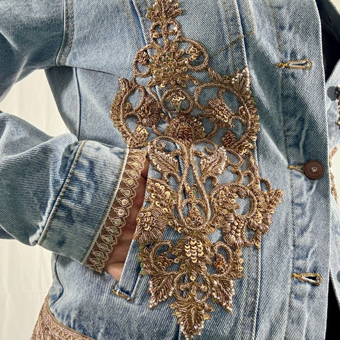 Gold Appliqué Embellished Denim Jacket. Beaded & Sequined Statement Piece