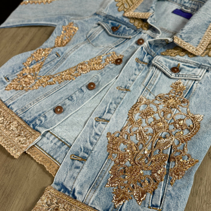 Gold Appliqué Embellished Denim Jacket. Beaded & Sequined Statement Piece