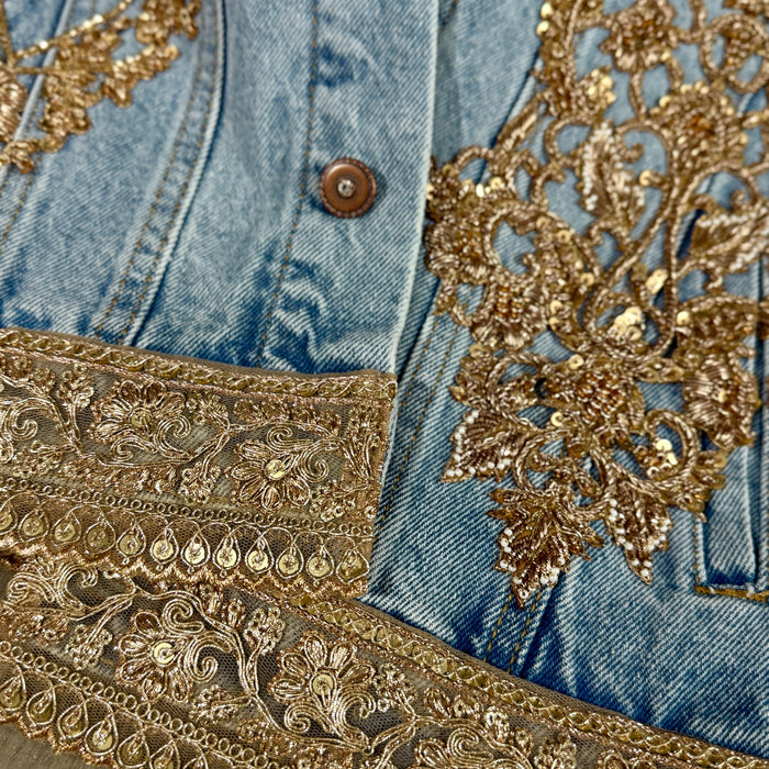 Gold Appliqué Embellished Denim Jacket. Beaded & Sequined Statement Piece