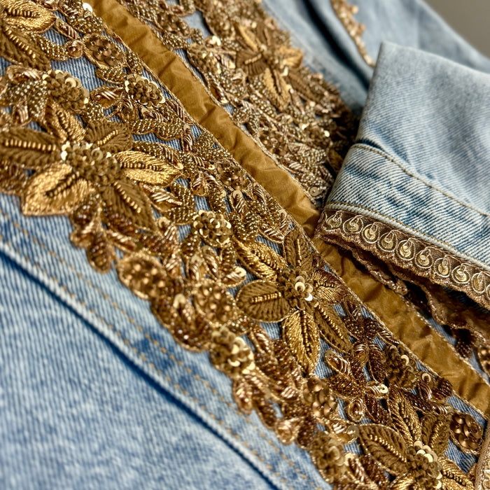 Gold Appliqué Embellished Denim Jacket. Beaded & Sequined Statement Piece