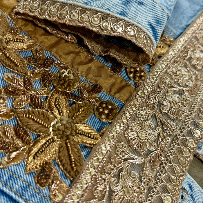 Gold Appliqué Embellished Denim Jacket. Beaded & Sequined Statement Piece