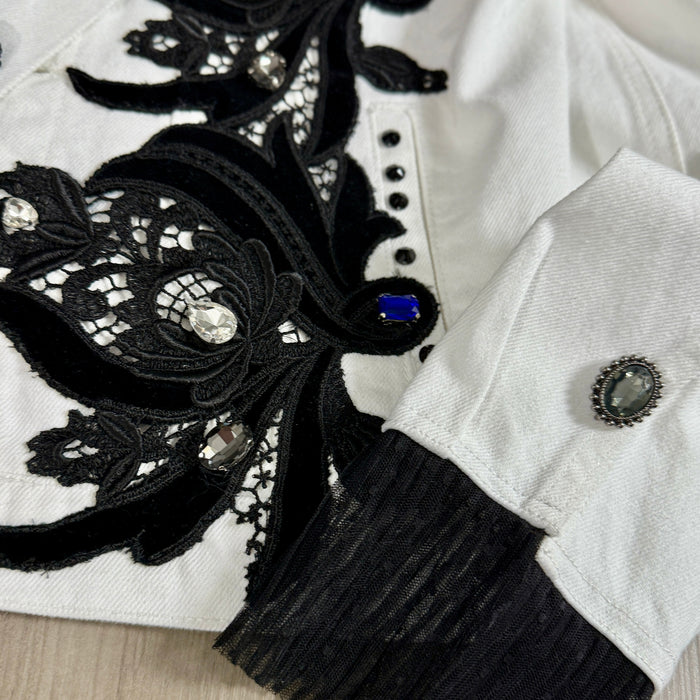White Crystal Beaded Embellished Denim Jacket – Handcrafted Statement Piece | Missey & Daff