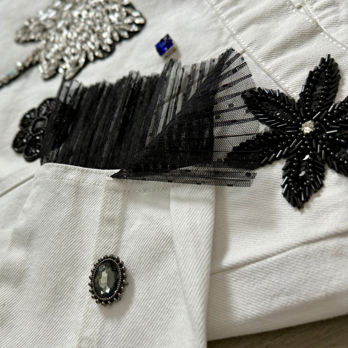 White Crystal Beaded Embellished Denim Jacket – Handcrafted Statement Piece | Missey & Daff