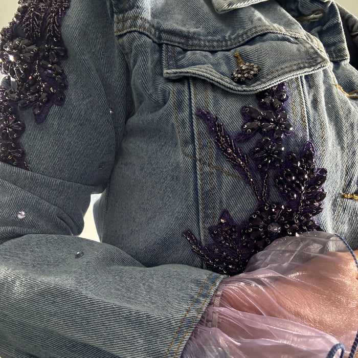Purple Embellished Denim Jacket – Handcrafted Beaded Floral Appliqué with Satin Back Panel | Missey & Daff