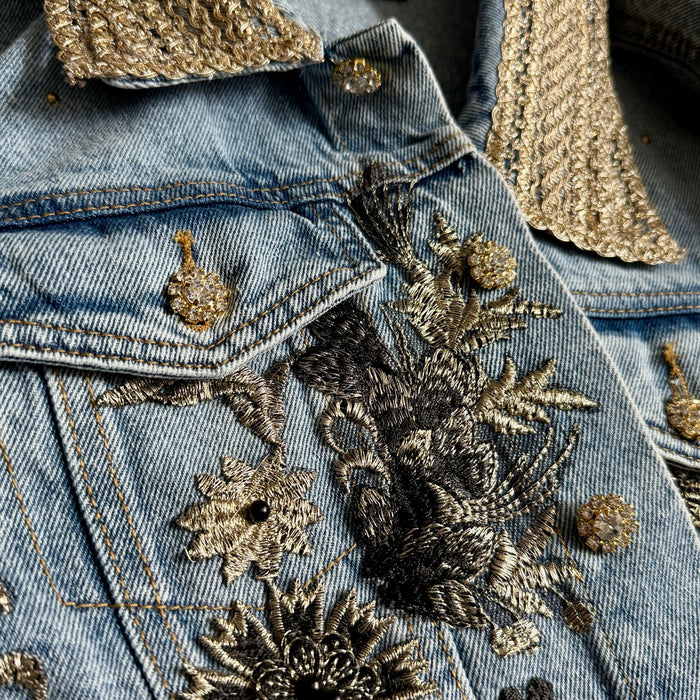 Black & Gold Floral Embellished Denim Jacket – Handcrafted Beaded Statement Piece | Missey & Daff