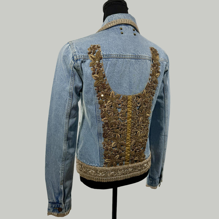 Gold Appliqué Embellished Denim Jacket. Beaded & Sequined Statement Piece