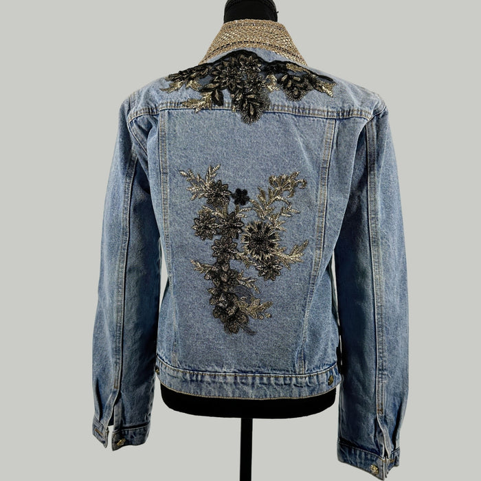 Black & Gold Floral Embellished Denim Jacket – Handcrafted Beaded Statement Piece | Missey & Daff