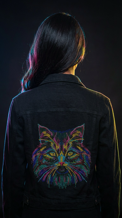 Midnight Prism Feline Couture Embellished Denim Jacket