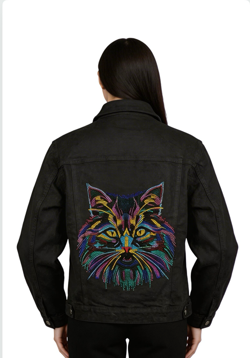 Midnight Prism Feline Couture Embellished Denim Jacket