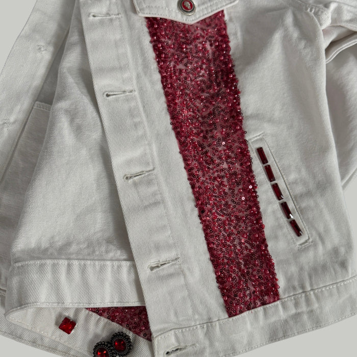White Denim Jacket with Red Beaded & Sequin Embellishments – Handcrafted Statement | Missey & Daff