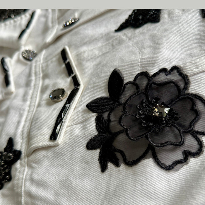 White Denim Jacket with Black Floral Appliqué & Beaded Embellishments – Handcrafted Luxe | Missey & Daff