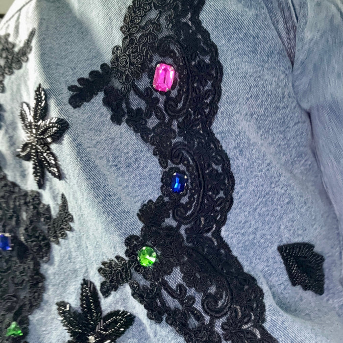 Blue Denim Jacket with Black Lace Appliqué & Sequin Embellishments – Handcrafted Statement | Missey & Daff