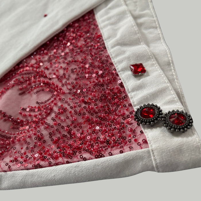 White Denim Jacket with Red Beaded & Sequin Embellishments – Handcrafted Statement | Missey & Daff