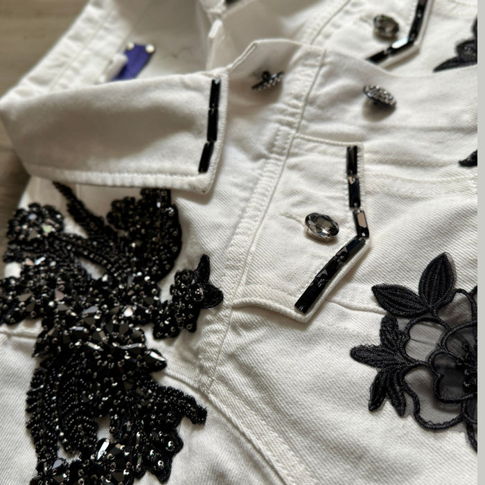White Denim Jacket with Black Floral Appliqué & Beaded Embellishments – Handcrafted Luxe | Missey & Daff