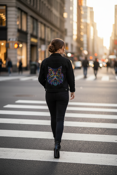 Midnight Prism Feline Couture Embellished Denim Jacket