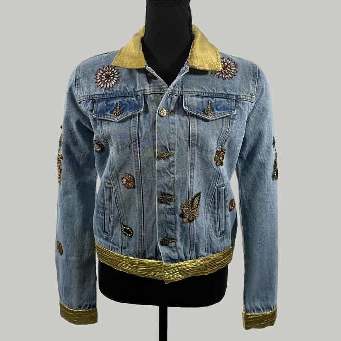 Blue Denim Jacket with Gold Trim & Embellished Floral Appliqué – Handcrafted Luxe Statement | Missey & Daff