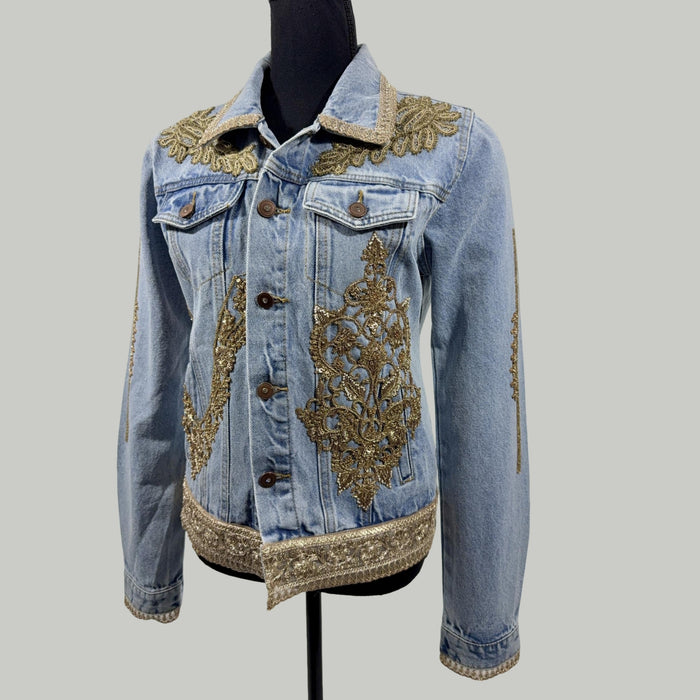 Gold Appliqué Embellished Denim Jacket. Beaded & Sequined Statement Piece