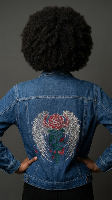Ivory Winged Rose Heirloom Couture Embellished Denim Jacket