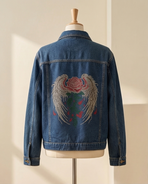 Ivory Winged Rose Heirloom Couture Embellished Denim Jacket