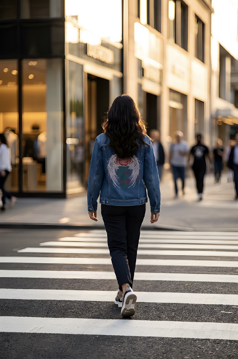 Ivory Winged Rose Heirloom Couture Embellished Denim Jacket