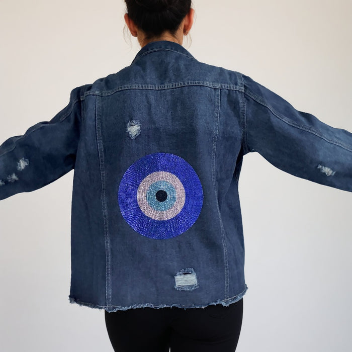 Evil Eye Crystal Rhinestone Hand Embellished Distressed Jean Jacket | Unique | Size:XL | Missey & Daff