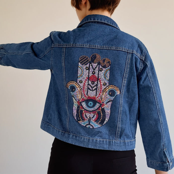 Crystal Rhinestone Hamsa Denim Jacket Hand-Embellished | Unique |  Size:XL | Missey & Daff