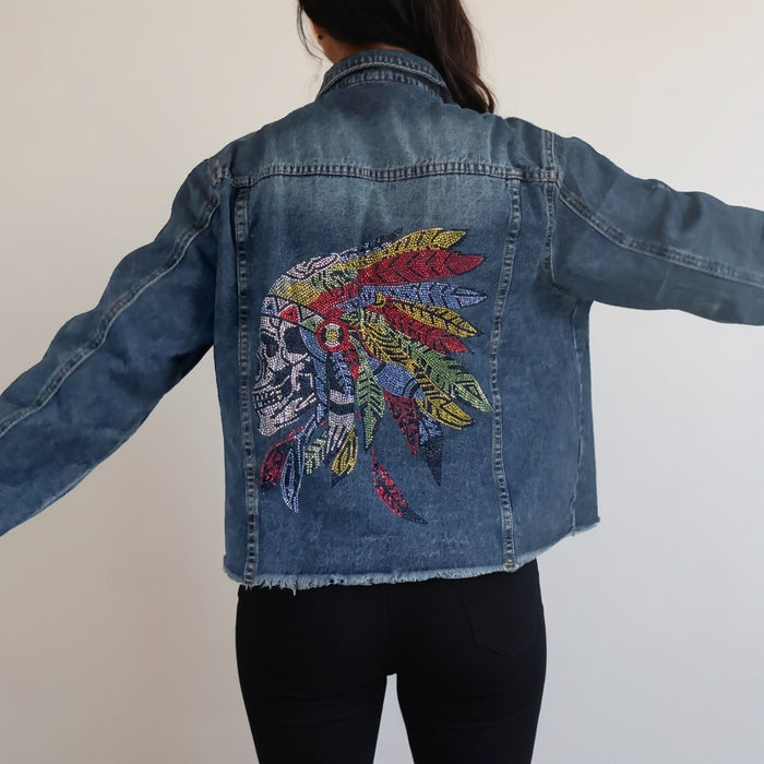 Crystal Rhinestone Skull with Feathers Headdress Hand Embellished Denim Jacket (Relaxed Fit) | Unique  | Size:XL