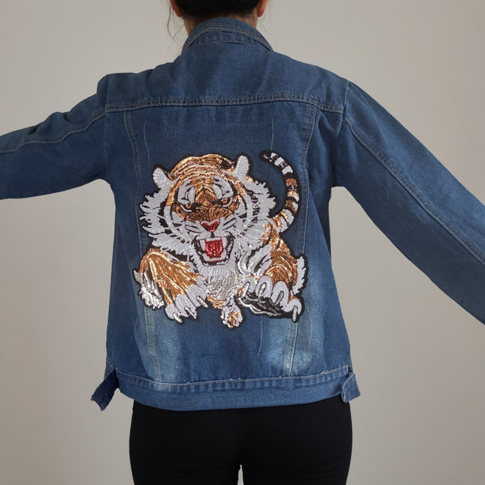 Tiger Sequin Hand Embellished Denim Jacket | Unique | Size: XL | Missey & Daff