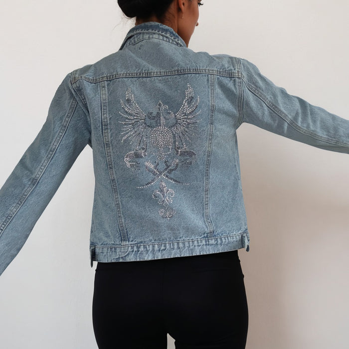 Crystal Rhinestone Eagle Hand Embellished Jean Jacket | Unique | Size: XL | Missey & Daff