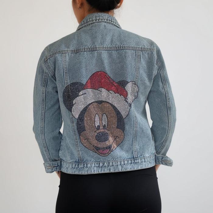 Hand Embellished Beaded Cartoon Mouse with Santa Hat Denim Jacket | Unique | Size: XL | Missey & Daff