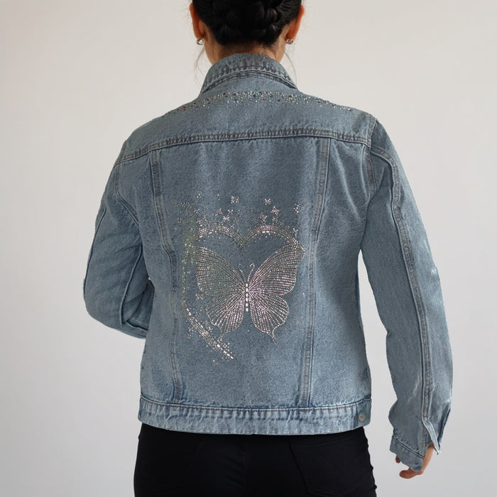 Butterfly Crystal Rhinestone Hand Embellished Denim Jacket | Unique | Size: XL | Missey & Daff