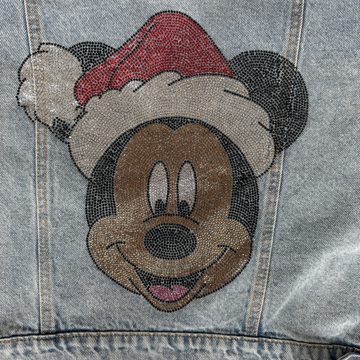 Hand Embellished Beaded Cartoon Mouse with Santa Hat Denim Jacket | Unique | Size: XL | Missey & Daff